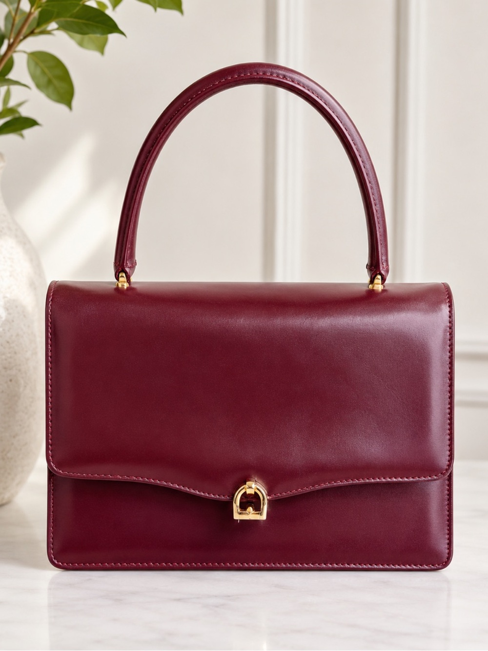 Vintage Gucci Classic Structured Top-Handle Bag in Deep Burgundy